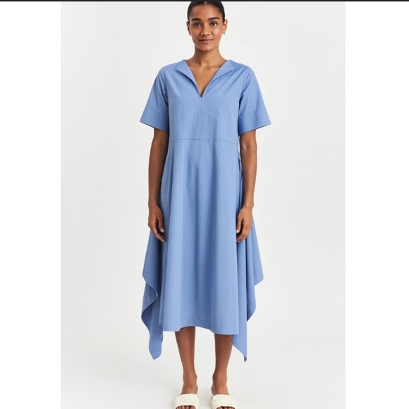 DEVEAUX- Octavia Cotton Poplin Wide Midi Dress In Blue - Picture 2 of 11